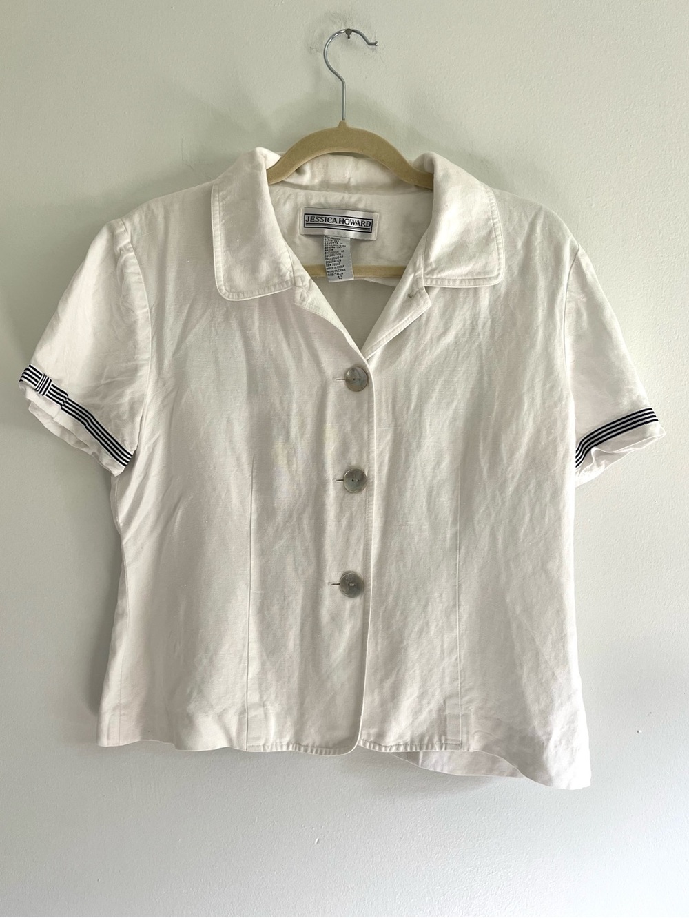 Vintage Jessica Howard Linen Blend Nautical Boxy Button Up Short Sleeve Top Sz10